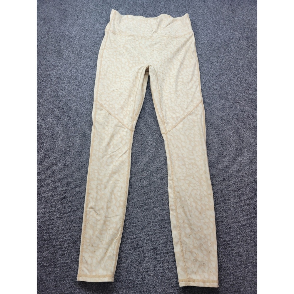 Fabletics Motion365 High Waisted Leggings Cream Tan Leopard Print Gold Accents